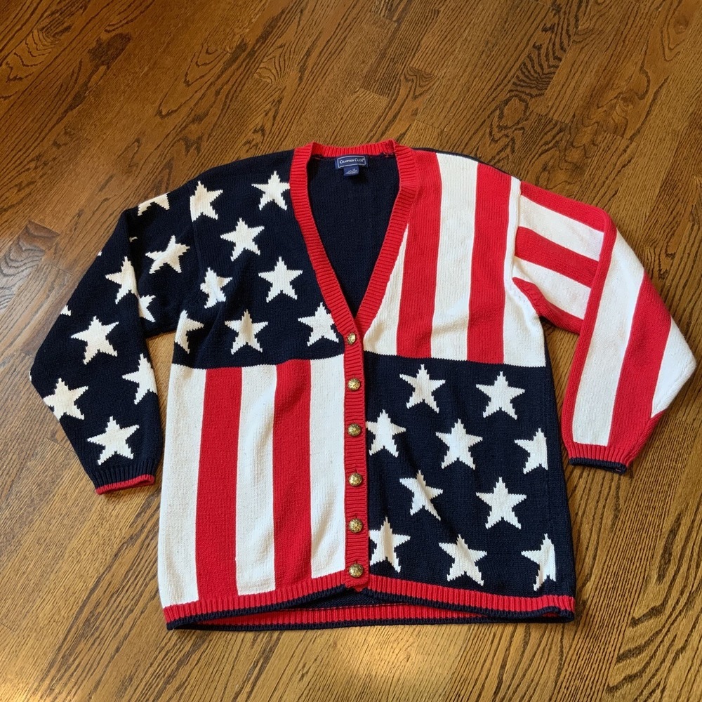 Vintage 90s Y2K American Flag Cardigan Sweater Sz M Long Nautical Preppy